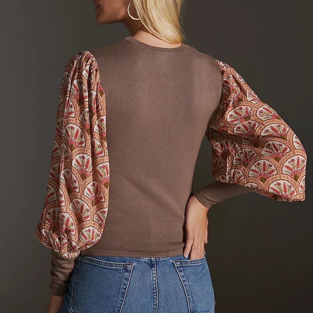 Anthropologie Bl-nk Brown Printed Puff-Sleeve Sweater - Picture 2 of 7